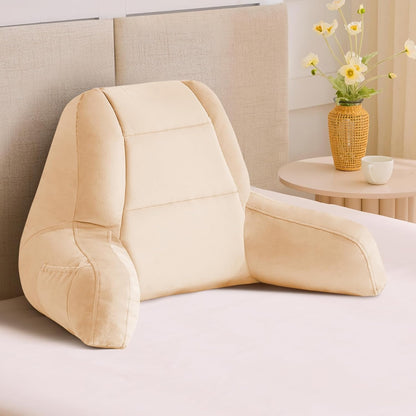 Beige Reading Pillow with Arms – Shredded Foam Backrest for Bed & Couch