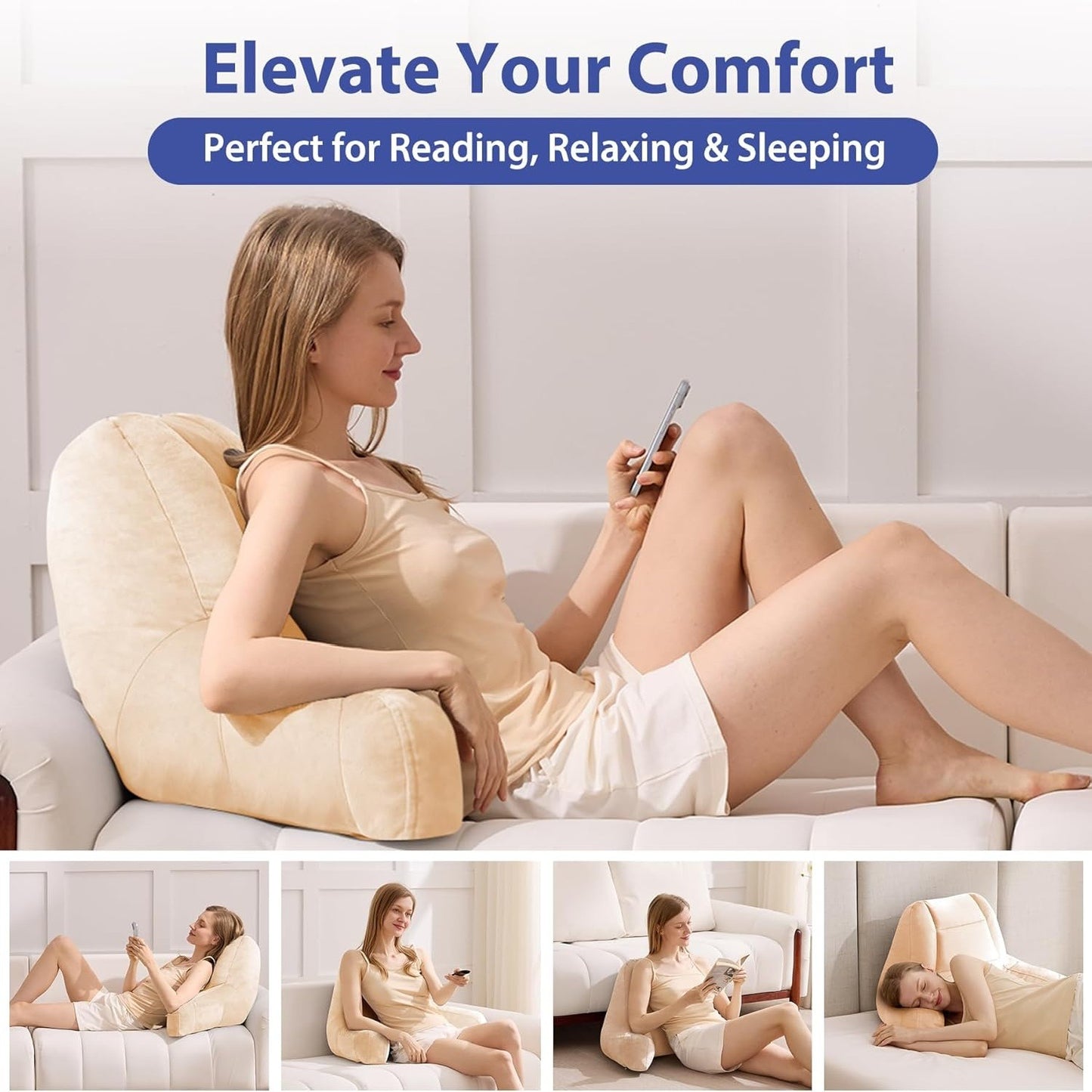 Beige Reading Pillow with Arms – Shredded Foam Backrest for Bed & Couch