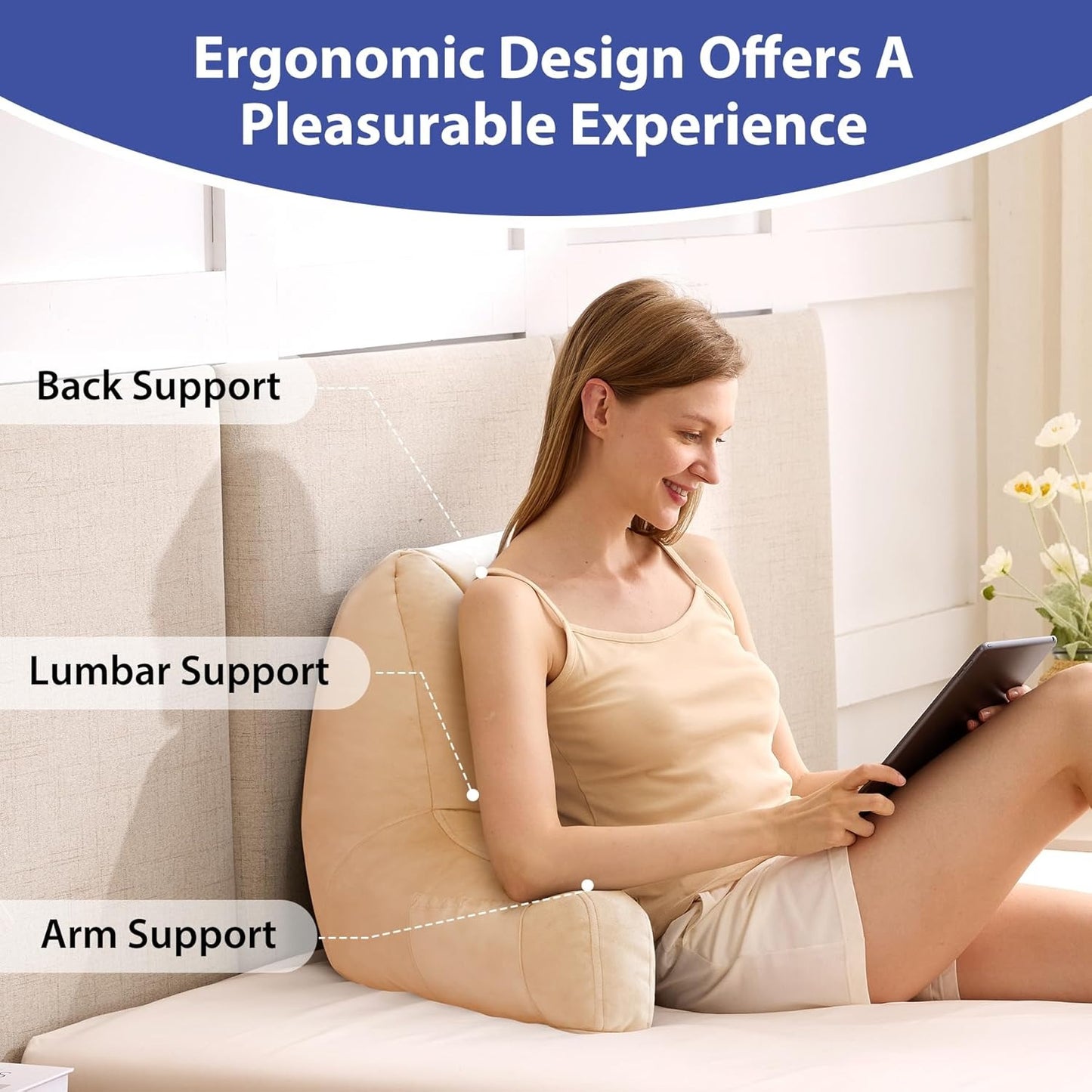 Beige Reading Pillow with Arms – Shredded Foam Backrest for Bed & Couch