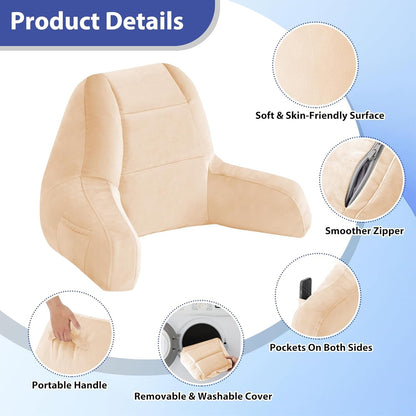 Beige Reading Pillow with Arms – Shredded Foam Backrest for Bed & Couch