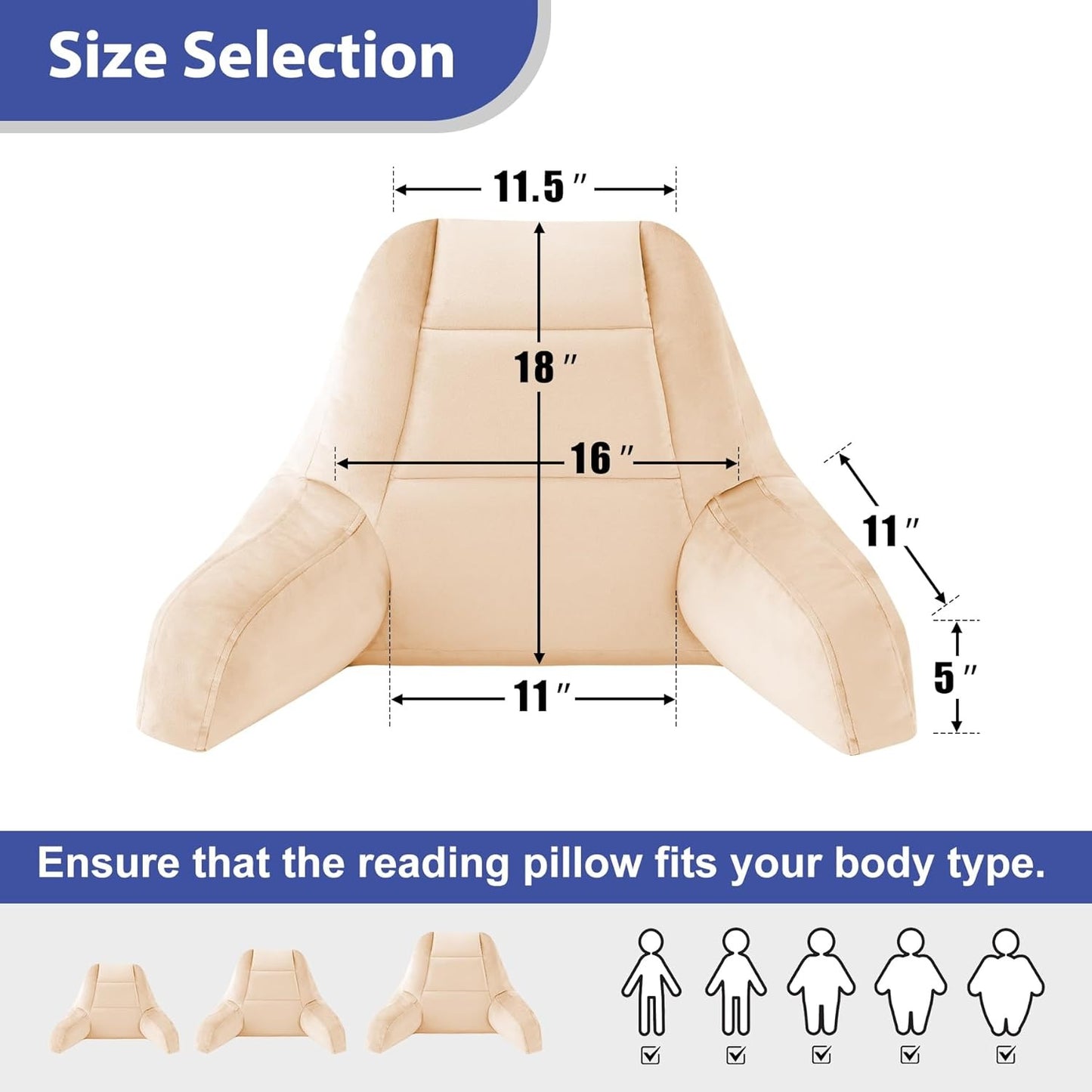Beige Reading Pillow with Arms – Shredded Foam Backrest for Bed & Couch
