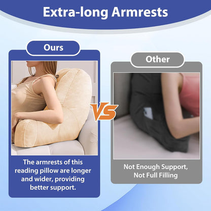 Beige Reading Pillow with Arms – Shredded Foam Backrest for Bed & Couch